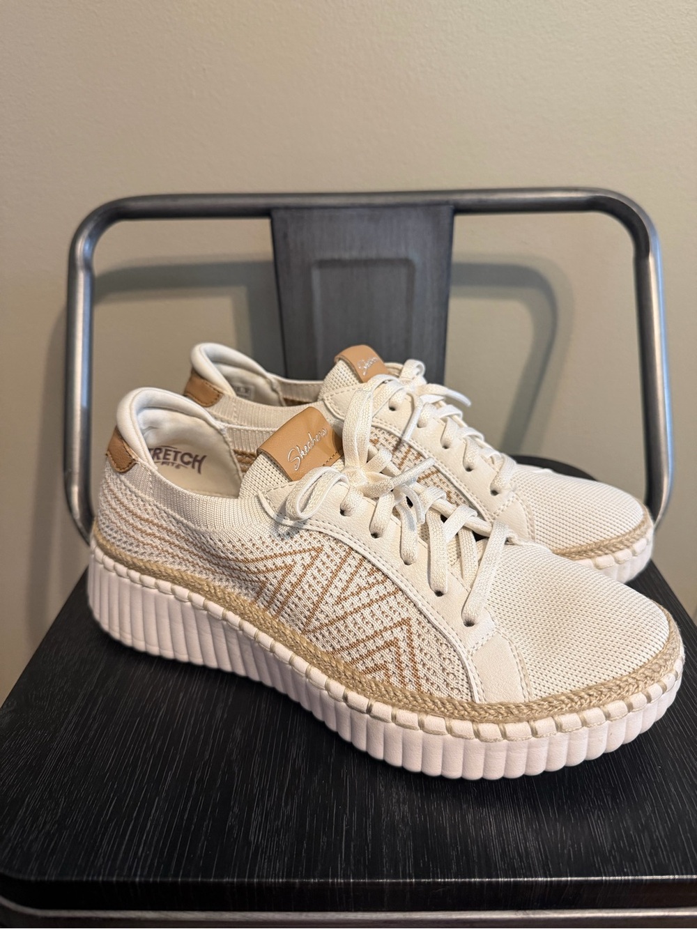 Skechers Women's Cream Knit Lace-Up Platform Sneakers with Tan Accents